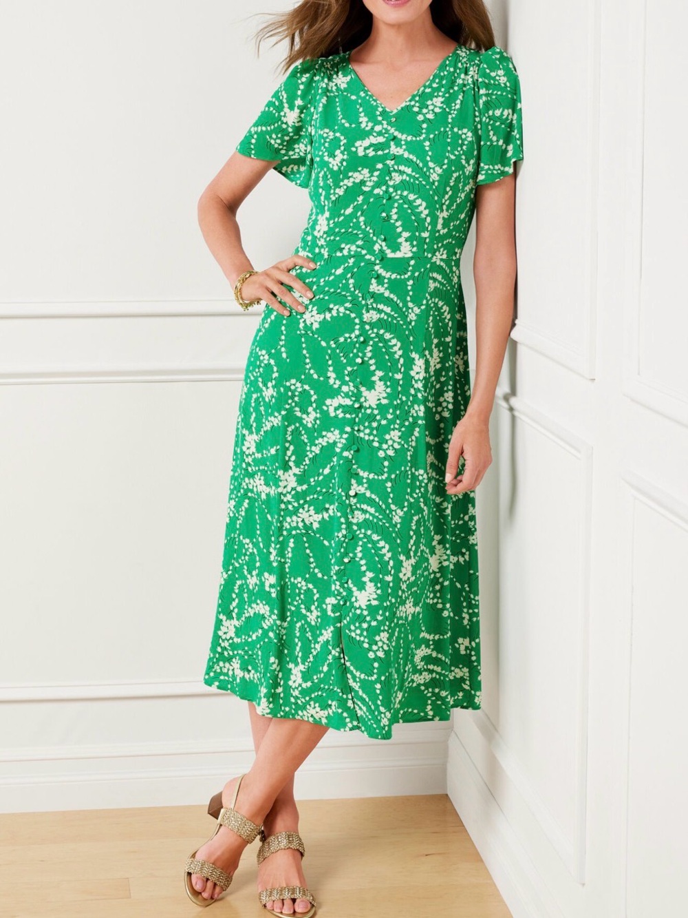 Talbots Green Printed V‑Neck Midi Dress